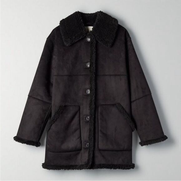 Aritiza Wilfred Free Black Catrina Sherpa Button Front Sherpa Jacket in Size XXS - Picture 1 of 9